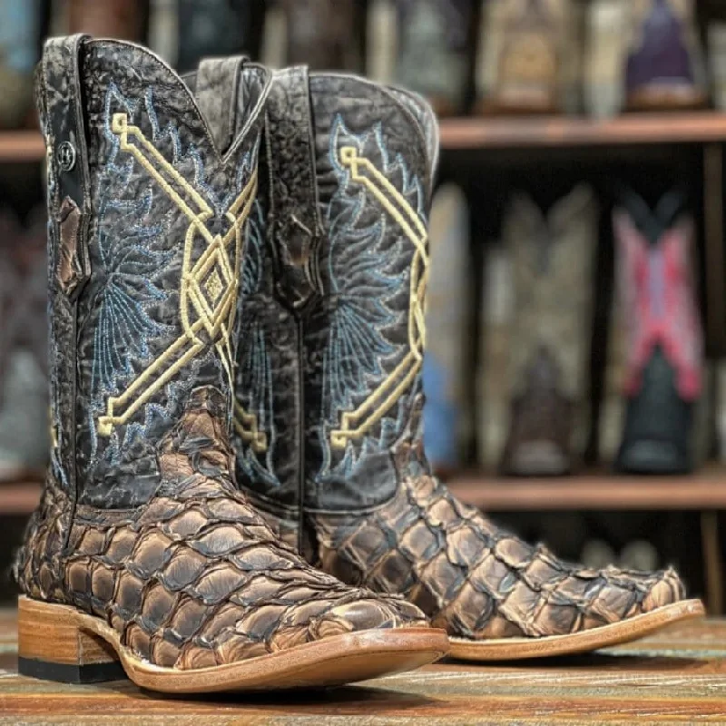 Alligator - embossed men's western boots for a bold statementTanner Mark Men's Chochise Genuine Monster Fish Square Toe Boots Brown TMX208018