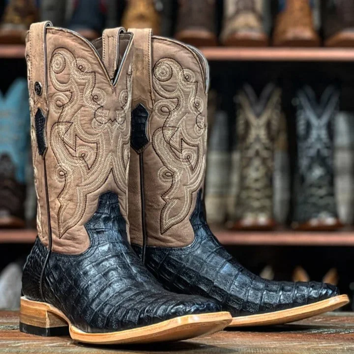 Men's western boots with a leather - wrapped heel and a smooth finishTanner Mark Men's Genuine Caiman Belly Square Toe Boots Black TMX208040