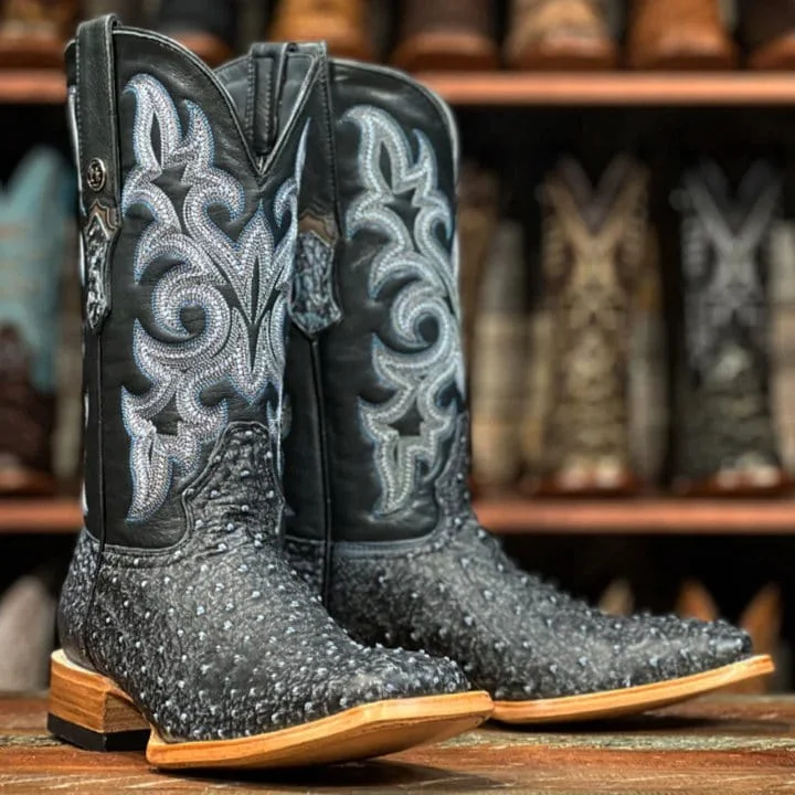 Men's western boots with a concho - studded strap and a pointed toeTanner Mark Men's Genuine Full Quill Ostrich Square Toe Boots Denim VF TMX208035