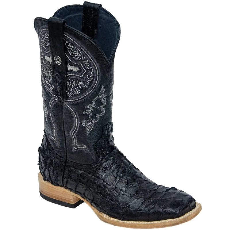 Western - style men's boots with intricate tooling and stitchingTanner Mark Men's Genuine Monster Fish Leather Square Toe Boots Black TMX201308