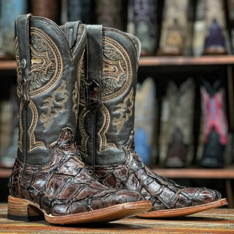 Men's western boots with a tooled leather design on the shaftTanner Mark Men's Genuine Monster Fish Leather Square Toe Boots Brown TMX201307