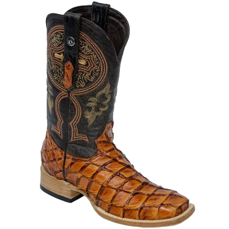 Men's western boots with a concho - studded strap and a pointed toeTanner Mark Men's Genuine Monster Fish Leather Square Toe Boots Cognac TMX201306