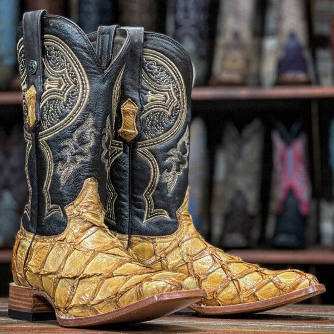 Men's western boots with a tooled leather design on the shaftTanner Mark Men's Genuine Monster Fish Square Toe Boots Oryx TMX201310