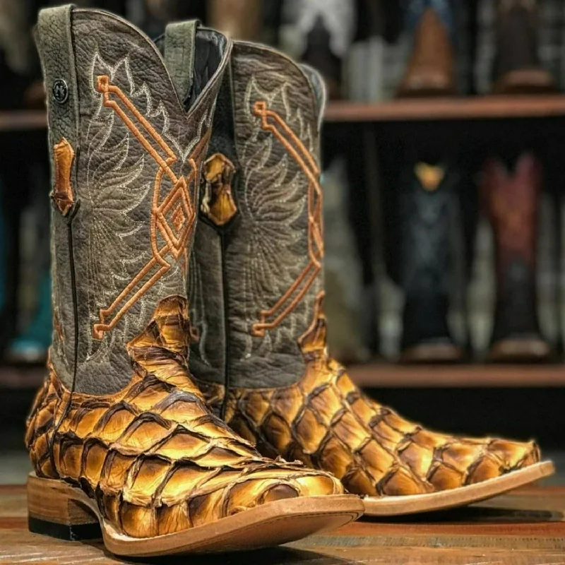 Men's western boots with a leather - wrapped heel and a smooth finishTanner Mark Men's Genuine Monster Leather Fish Square Toe Boots Brandy TMX208019