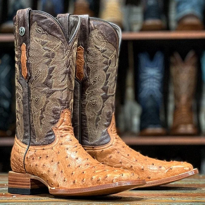 Western - style men's boots with intricate tooling and stitchingTanner Mark Men's Genuine Ostrich Square Toe Boots Brandy TMX200479