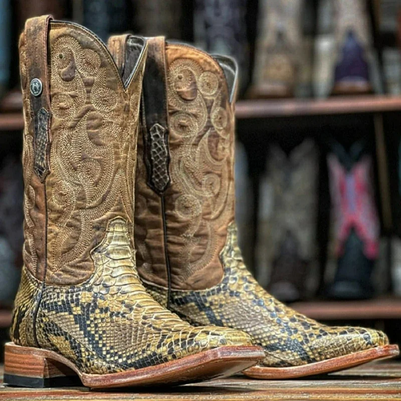 Men's western boots with a traditional western boot silhouette and a polished shineTanner Mark Men's Genuine Python Square Toe Boots Antique Saddle TMX200422