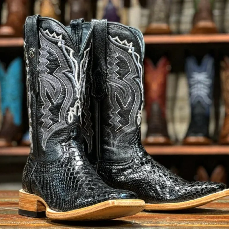 Western - style men's boots with intricate tooling and stitchingTanner Mark Men's Genuine Python Square Toe Boots Black TMX200430