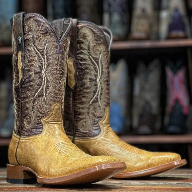 Men's western boots with a tooled leather design on the shaftTanner Mark Men's Genuine Smooth Ostrich Square Toe Boots TMX200498