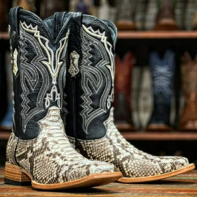 Men's western boots in a rich brown or black leatherTanner Mark Men's Medina Genuine Python Square Toe Boots Natural TMX200431