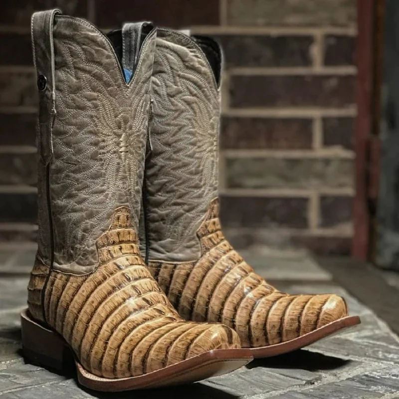 Men's western boots with a leather lining and a padded insoleTanner Mark Men's Print Caiman Tail Square Toe Boots Oryx TM207509