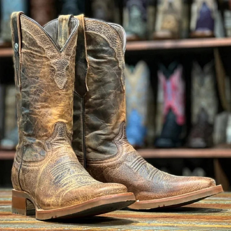 Men's western boots with a decorative inlay on the toe and heelTanner Mark Men's Roscoe Square Toe Leather Boots Buffalo Honey TM201886