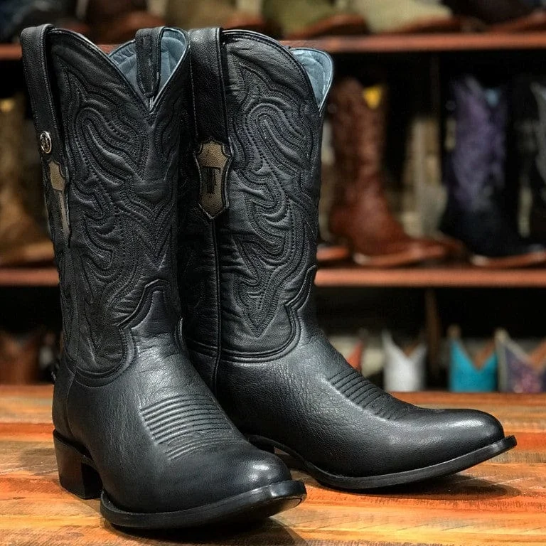 Men's western boots with a concho - studded strap and a pointed toeTanner Mark Men's The Hudson J-Toe Leather Boots Kabul Black TM201272