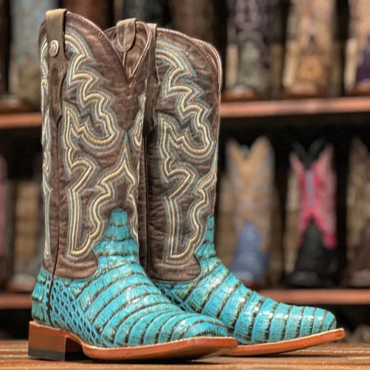 Men's western boots with a scalloped edge and a pull - on strapTanner Mark Women's 'Agave Sky' Print Caiman Belly Square Toe Boots Turquoise TML207070