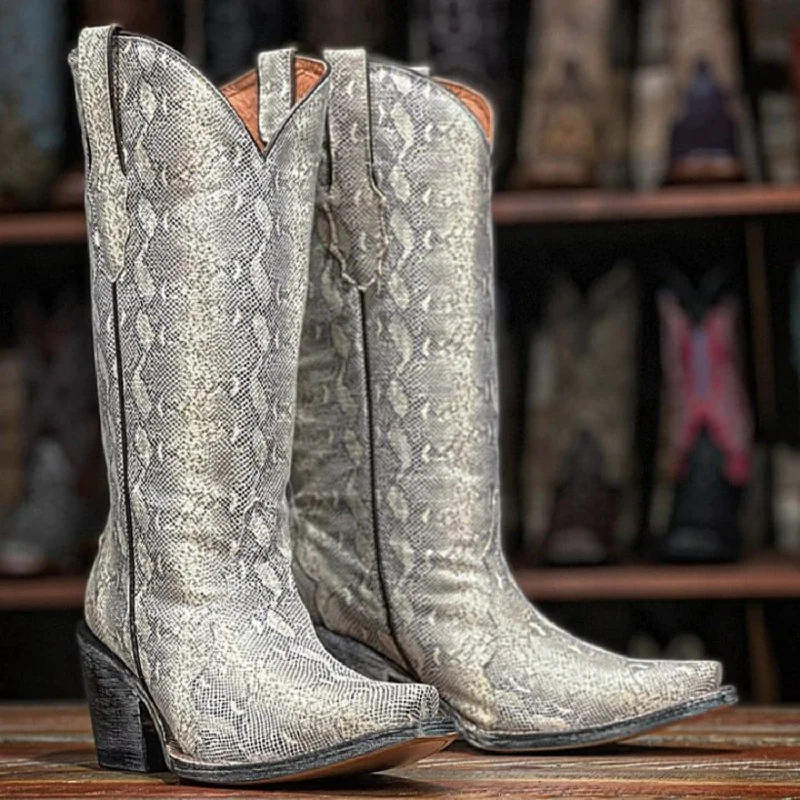 Vintage - style men's western boots with a square toe and spur ledgeTanner Mark Women's Aurora Snip Toe Lizard Print Boots Natural TML205133