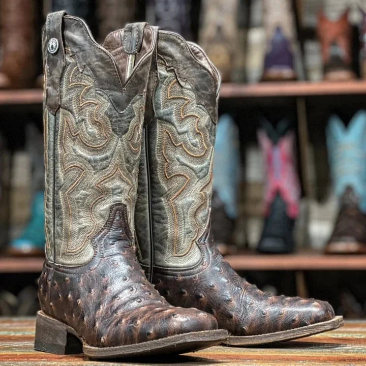 Men's western boots with a decorative inlay on the toe and heelTanner Mark Women's 'Brooke' Ostrich Print Square Toe Boots Chocolate TML205526