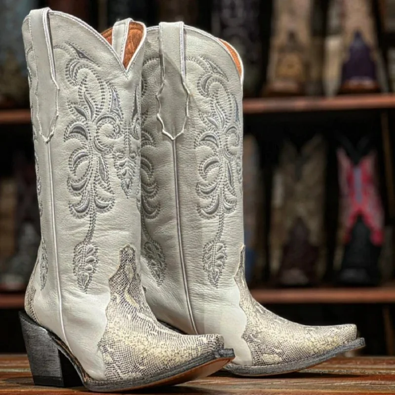 Men's western boots with a scalloped edge and a pull - on strapTanner Mark Women's Emma Snip Toe Lizard Print Boots White TML205132