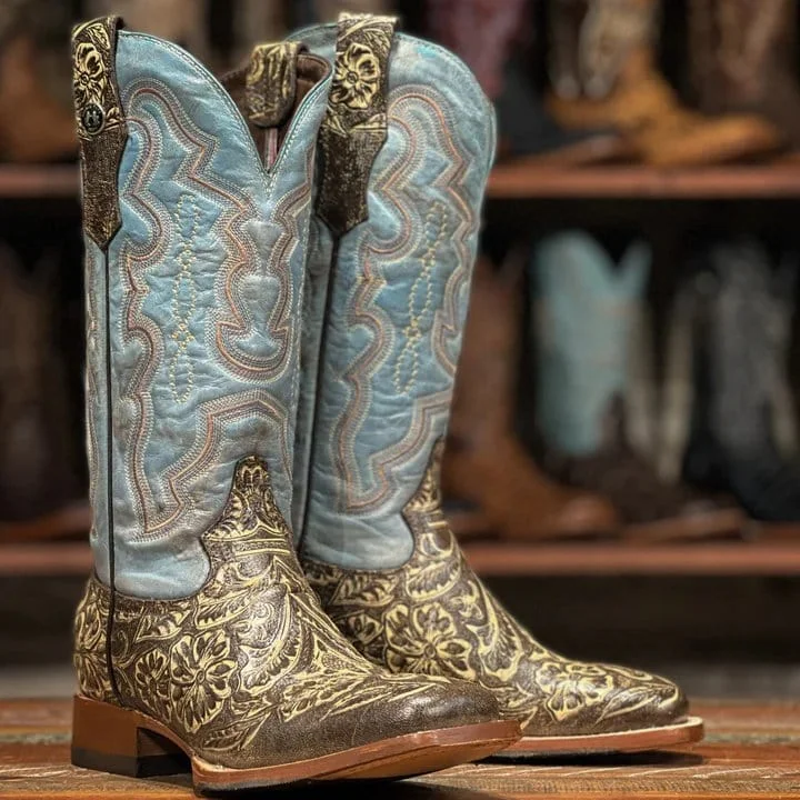 Vintage - style men's western boots with a square toe and spur ledgeTanner Mark Women's Hand Tooled Square Toe Leather Boots Brown TML207098