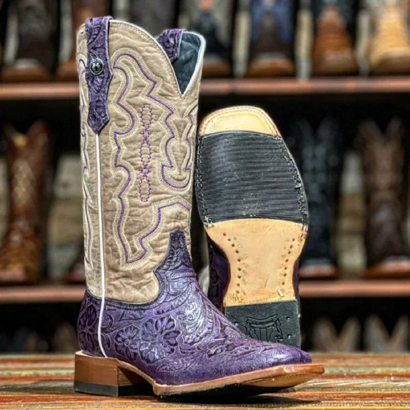 Men's genuine leather western boots with a snake - skin inlayTanner Mark Women's Hand Tooled Square Toe Leather Boots Grape TML207099