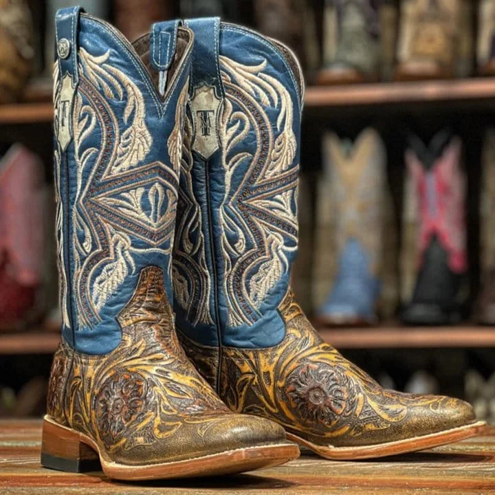 Vintage - style men's western boots with a square toe and spur ledgeTanner Mark Women's Jaw Dropper Hand Tooled Square Toe Leather Boots Cognac TML207088