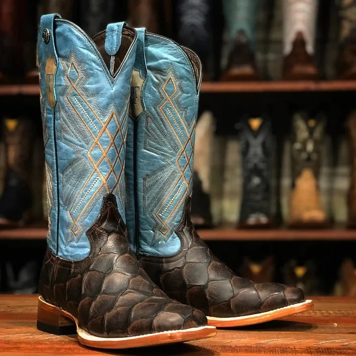 Alligator - embossed men's western boots for a bold statementTanner Mark Women's 'Kaci Mae' Print Monster Fish Square Toe Boots Choco TML207072