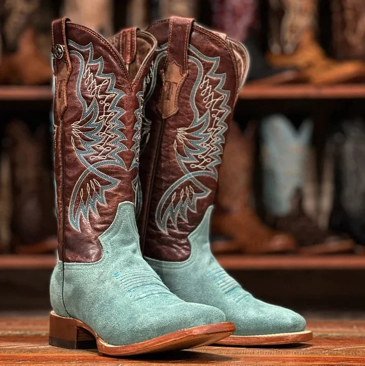 Men's western boots with a decorative concho belt and buckleTanner Mark Women's Leather Square Toe Boots Turquoise TML207094