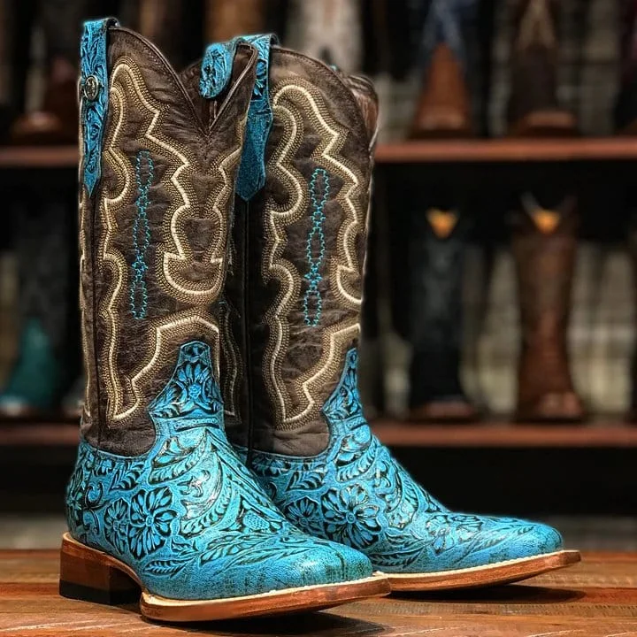 Men's western boots with a high - quality leather upper and a suede liningTanner Mark Women's 'Misty" Hand Tooled Square Toe Leather Boots Turquoise TML207067