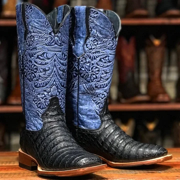 Vintage - style men's western boots with a square toe and spur ledgeTanner Mark Women's Print Caiman Belly Square Toe Boots Black TML207103