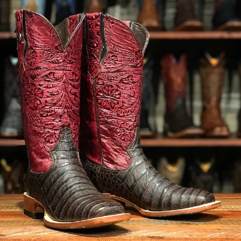 Men's western boots with a tooled leather design on the shaftTanner Mark Women's Print Caiman Belly Square Toe Boots Brown TML207104