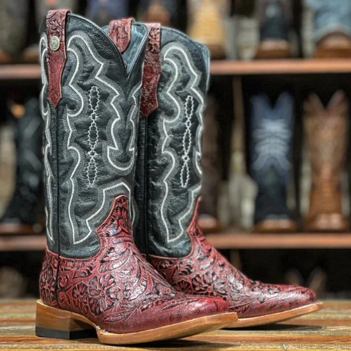 Men's western boots with a decorative concho belt and buckleTanner Mark Women's 'Rebecca" Hand Tooled Square Toe Leather Boots Red TML207065