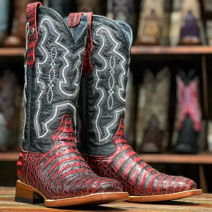 Men's western boots with a high - heeled design and a pointed toeTanner Mark Women's 'Scarlet' Print Caiman Belly Square Toe Boots Burgundy TML207069