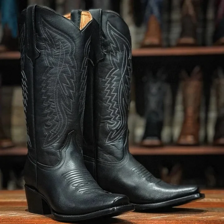 Men's western boots with a high - heeled design and a pointed toeTanner Mark Women's Texas Gold Leather Square Toe Boots Black TML201377