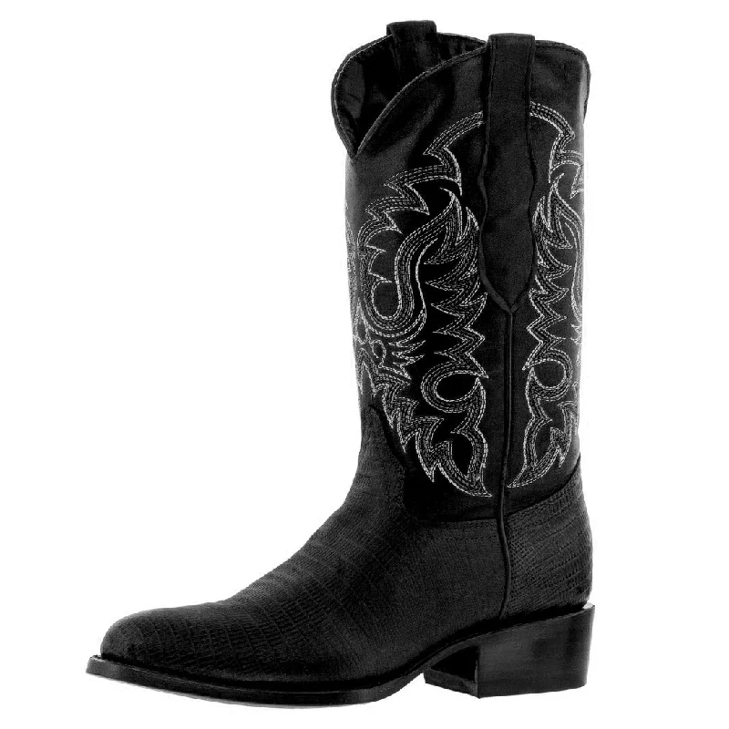 Men's cowboy boots with a silver - toned buckleMens Black Teju Lizard Print Leather Cowboy Boots Round Toe