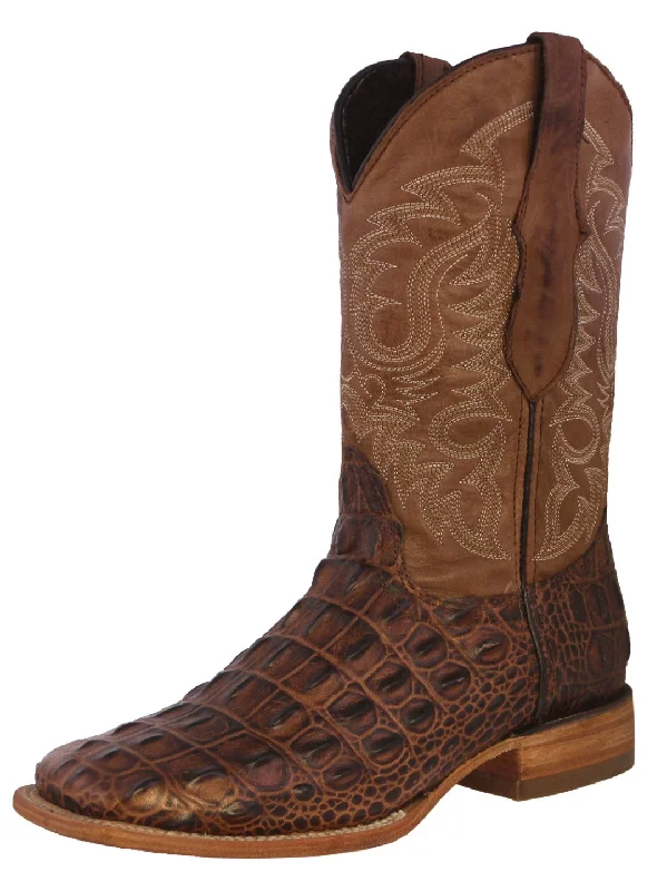 Men's cowboy boots with a tooled leather designMens Brown Alligator Back Print Leather Cowboy Boots Square Toe