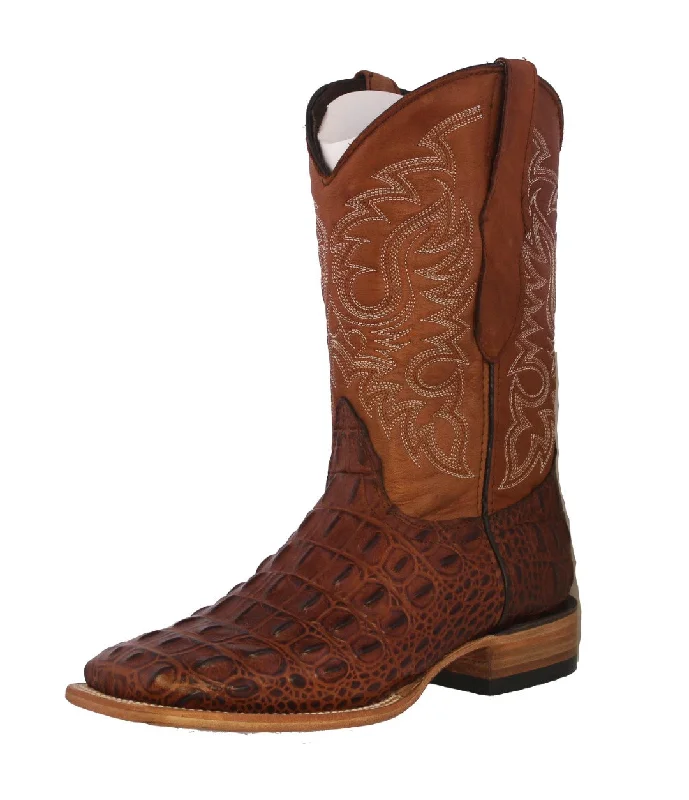 Men's cowboy boots with a scalloped edgeMens Cognac Alligator Back Print Leather Cowboy Boots Square Toe