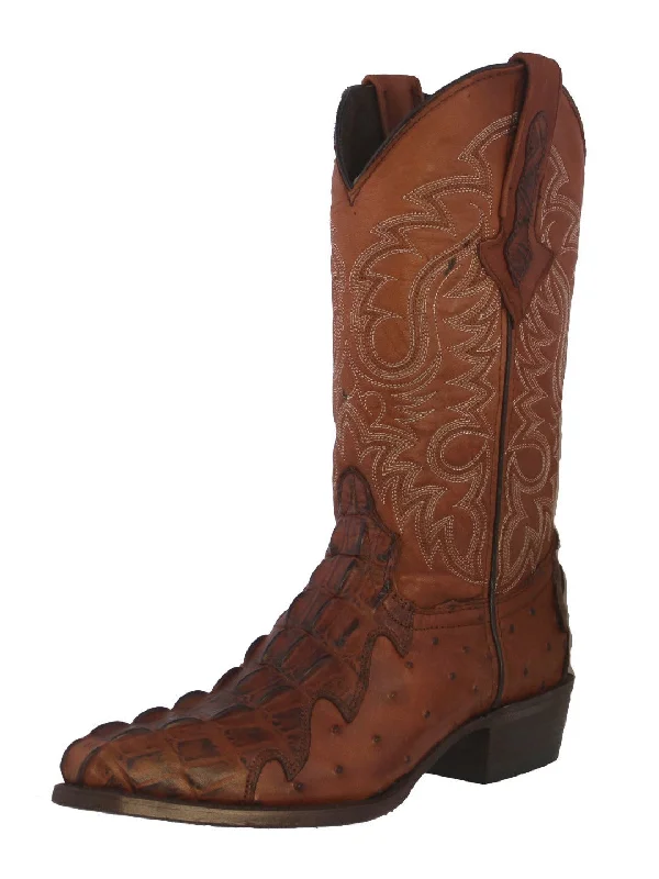 Men's cowboy boots with a suede shaftMens Cognac Crocodile & Ostrich Print Leather Cowboy Boots J Toe