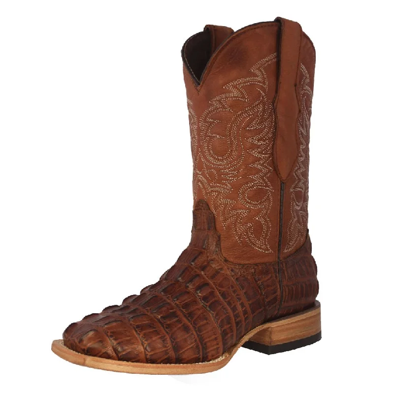 Men's cowboy boots with a high - heeled designMens Cognac Alligator Tail Print Leather Cowboy Boots Square Toe