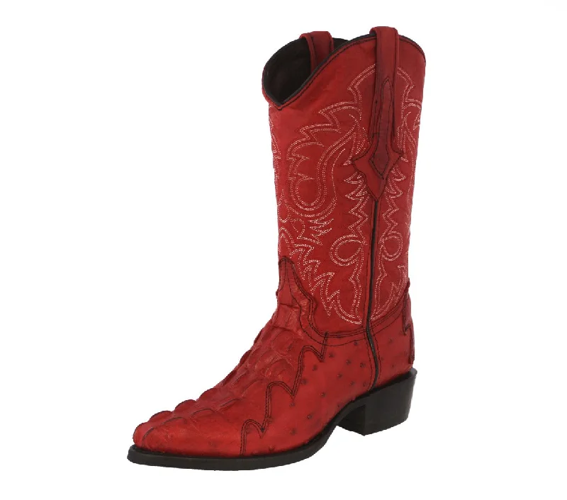 Men's cowboy boots with a rubber sole for tractionMens Red Crocodile & Ostrich Print Leather Cowboy Boots J Toe