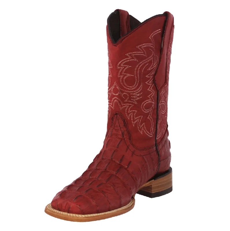 Men's cowboy boots with a snake - skin textureMens Red Alligator Tail Print Leather Cowboy Boots Square Toe