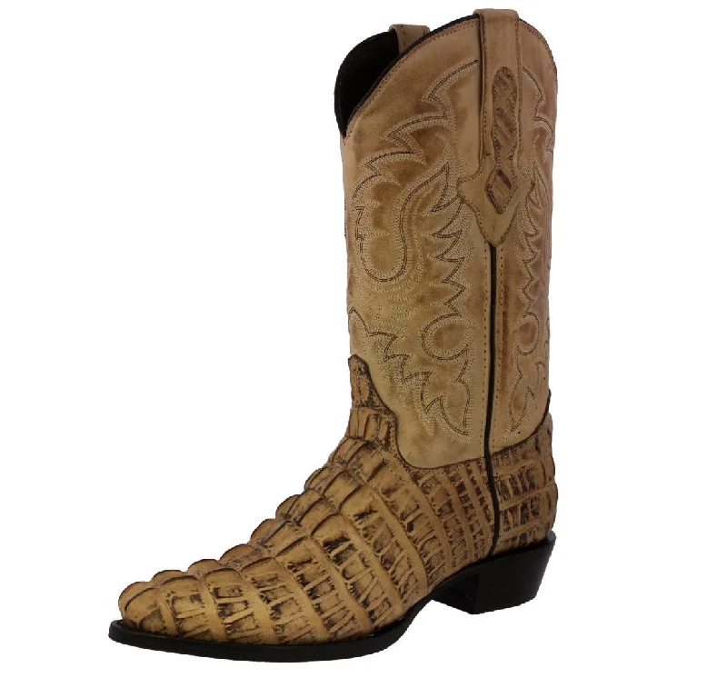 Men's cowboy boots with a concho belt detailMens Rustic Sand Alligator Tail Print Leather Cowboy Boots J Toe