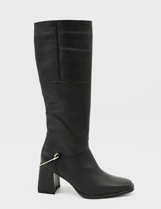 Men's western boots with a high - heeled design and a pointed toeTessa knee high boots in black leather womens shoes