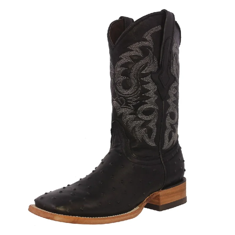 Men's cowboy boots with a decorative inlayMens Black Ostrich Quill Print Leather Cowboy Boots Square Toe