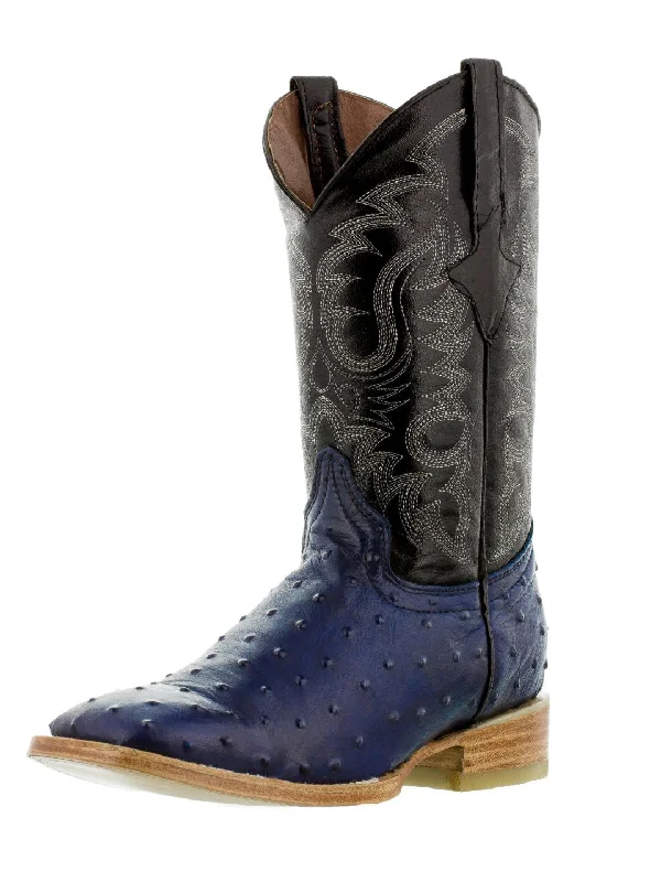 Western - style men's cowboy boots with intricate stitchingMens Blue Ostrich Quill Print Leather Cowboy Boots Square Toe