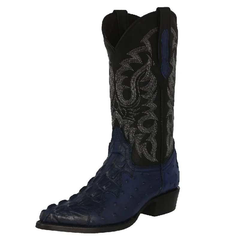 Men's cowboy boots with a distressed leather finishMens Denim Blue Crocodile & Ostrich Print Leather Cowboy Boots J Toe