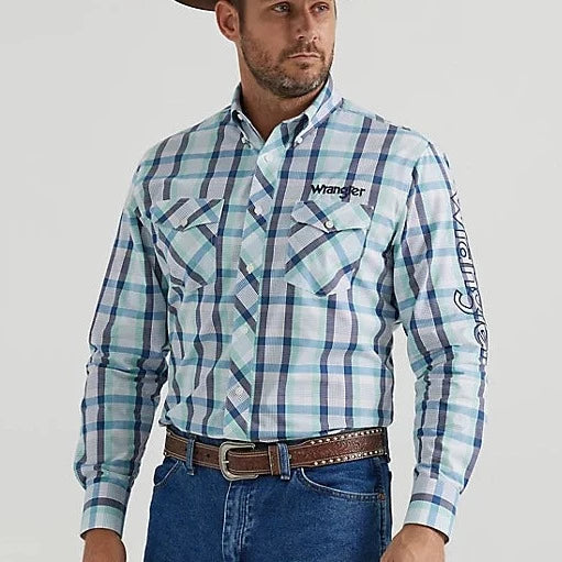 Men's western boots with a concho - studded strap and a pointed toeWrangler Men's Logo Long Sleeve Western Button Down Shirt in Lark Plaid